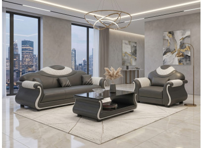 Modernes Sofa Set 3-Sitzer Sessel Grau Weiß Couch Wohnzimmer Design