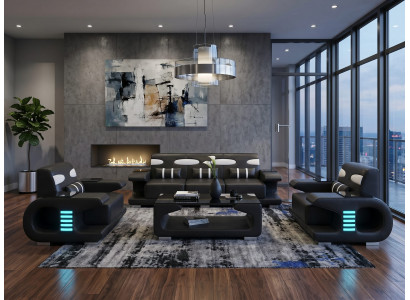 Modernes Sofa Set 3-Sitzer 2x Sessel Schwarz Weiß Design Wohnzimmer