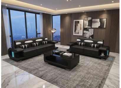 Modern Wohnzimmer Set 3-Sitzer 2-Sitzer Schwarz Weiß Sofa Couch Design