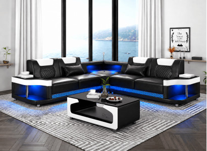 Modern Ecksofa L-Form Couchtisch Schwarz LED Sofa Set Couch Elegant