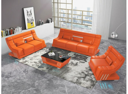 Leder Sofa Set 3+2+1 Modern Orange Couch Design LED Polstergarnitur