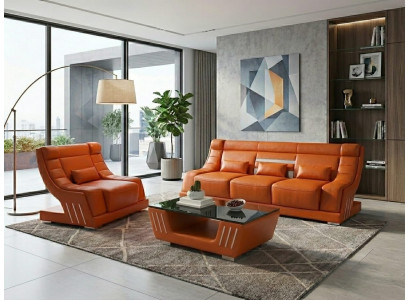 Leder Sofa Set 3+1 Modern Orange Couch Design LED Polstergarnitur