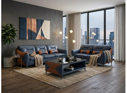 Leder Sofa Set 3+2 Modern Blau Couch Design Komfort Polstergarnitur *