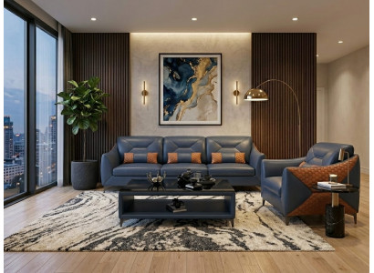 Leder Sofa Set 3+1 Modern Blau Couch Design Komfort Polstergarnitur *