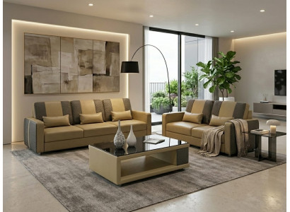 Leder Sofa Set 3+2 Modern Beige Grau Couch Design Polstergarnitur *