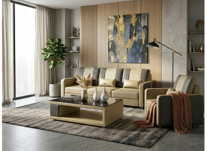 Leder Sofa Set 3+1 Modern Beige Grau Couch Design Polstergarnitur *