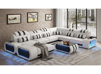 Modern Wohnlandschaft U-Form Couchtisch Weiß LED Sofa Set Komfort *