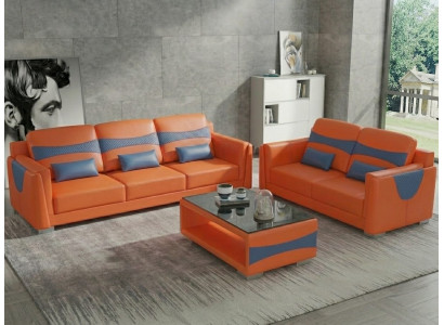Leder Sofa Set 3+2 Modern Orange Blau Komfort Couch Design Wohnzimmer *