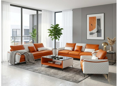 Sofa Set 3+3+1 Modern Leder Orange Komfort Design Polstergarnitur *