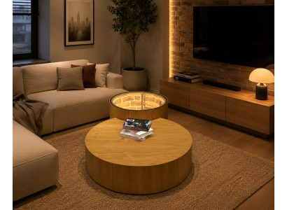 Moderner LED Couchtisch Rund Eiche Glasplatte Beleuchtet