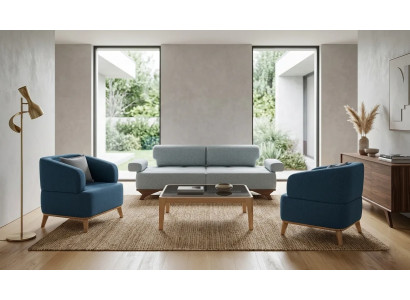 Blaue Wohnzimmer Sitzgarnitur Edler 3-Sitzer 2x Textilsessel 3tlg
