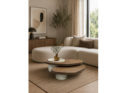 Moderner organischer Couchtisch Nussbaum Zweistöckig Wohnzimmer