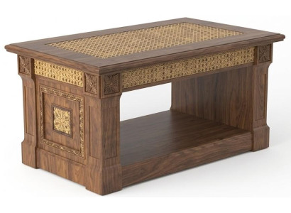 Klassischer Couchtisch Nussbaumholz Rattan Goldenen Verzierungen