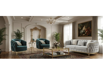Luxuriöse Chesterfield Sitzgarnitur Stoffsofa 2x Polstersessel