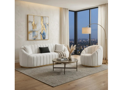 Weiß-Goldene Sitzgruppe Polstersofa Exklusiver Einsitzer 2tlg Set