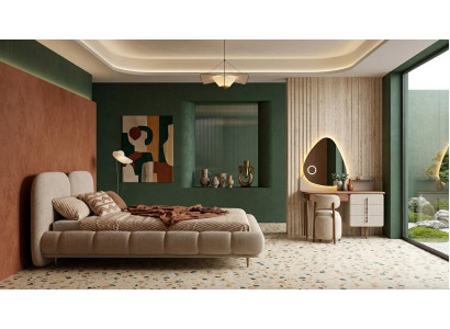 Bett Schminktisch Pouf Schlafzimmer Stil modern beige komfortabel weich