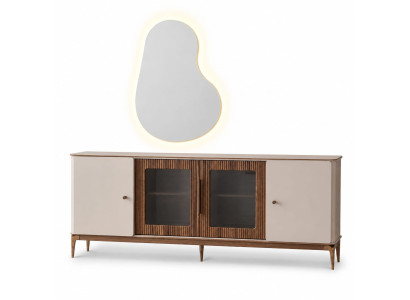 Modernes Sideboard Beige Holz LED Spiegel Anrichte Glastüren
