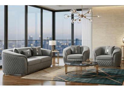 Modernes Graues Wohnzimmer Polster Set 3-Sitzer 2x Sessel 3tlg