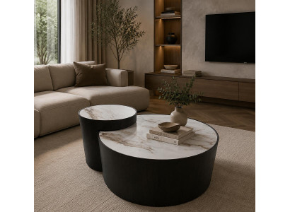 Designer Couchtisch Set 2 Teilig Schwarz Rund Satztisch Modern