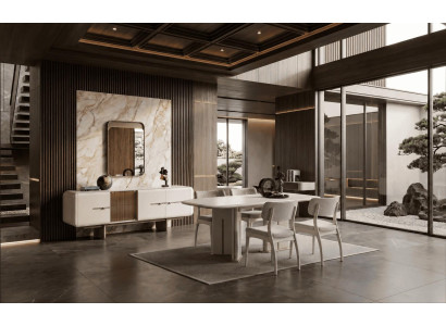 Beiges Esszimmer-Set rechteckiger Esstisch Stühle Sideboard Spiegel modern