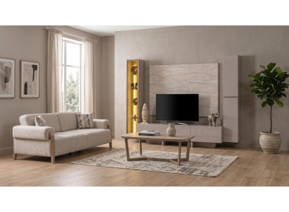 Modernes TV Wohnwand Set Couchtisch 3 Sitzer Sofa Beige statusbezogen