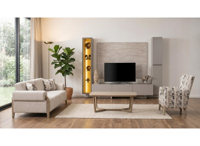 Modernes TV Wohnwand Set Couchtisch Sofa 3+1 Sitzer Beige Luxus Design