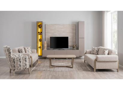 Modernes TV Wohnwand Set Couchtisch Sofa Sessel 3+3+1 Beige Luxus