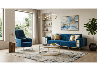 Hochwertige Wohnzimmer Blaue Sitzgruppe Polstergarnitur 2tlg