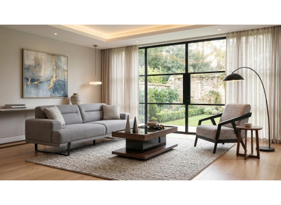 Sofa Set Grau Stoff Modern Sessel Wohnzimmer Design