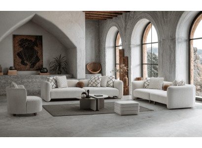 Beiges Wohnzimmer-Set 4-Sitzer-Sofa 3-Sitzer-Sofa Sessel Couchtisch Hocker