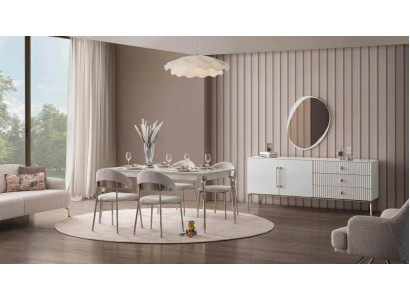 Esszimmer Set Esstisch 4x Stühle Sideboard Spiegel Modern Weiß Elegant