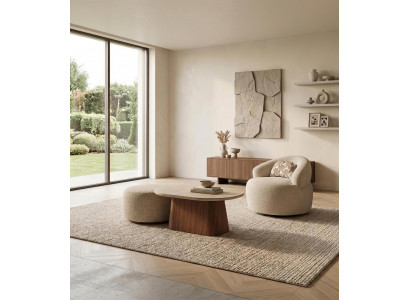 Sessel Set mit Couchtisch Hocker Modern Beige Stoff Polster Sessel