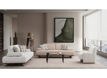 Sofa Set 3+3+1 Sitzer Couch Modern Beige Bouclé Garnitur geräumig praktisch