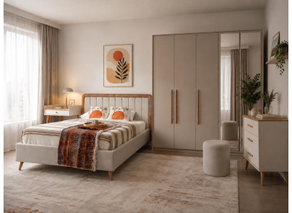 Schlafzimmer Set Bettgestell Schrank Kommode Modern Beige Hell Edel