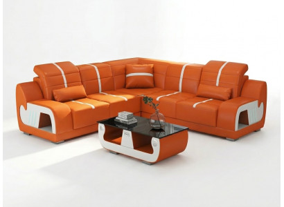 Großes orangefarbenes L-förmiges Ecksofa aus Leder Couchtisch Wohnzimmer *