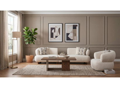 Sofa Set 4-Sitzer Sofa Sessel Couchtisch Beige Bouclé Couch Garnitur Polster
