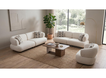 Sofa Set 3+3+1 Sitzer mit Couchtisch Beige Bouclé Couch Garnitur Polster