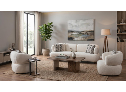 Sofa Set 3+1+1 Sitzer mit Couchtisch Beige Bouclé Couch Garnitur Polster