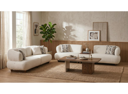 Sofa Set 4+3 mit Couchtisch Beige Bouclé Couch Garnitur Polster bequem