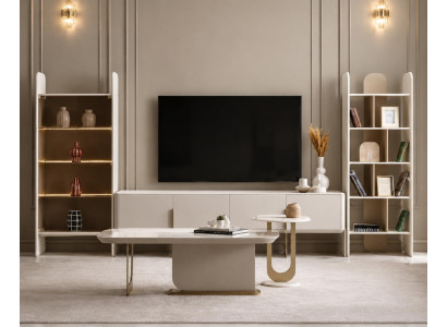 Beiges Wohnzimmer set Sideboard Vitrinenschrank Bücherregal Couchtisch