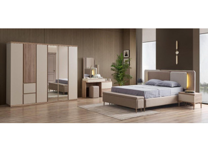 Beiges Schlafzimmer-Set Bettrahmen Kopfteil Kleiderschrank Schminktisch modern