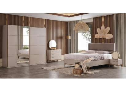 Beiges Schlafzimmer-Set Bettrahmen Kopfteil Kleiderschrank Schminktisch