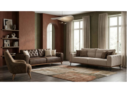 Braunes und Beiges Sofa Set 3+3+1 Chesterfield Style Polstersessel Holzfuße