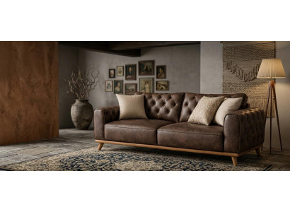 Elegantes Braun Chesterfield Sofa 3 Sitzer Holzfuße Wohnzimmer