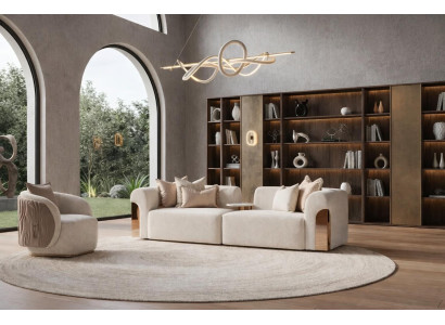 Beiges Designer 3 Sitzer Sofa mit Lounge Sessel Rund Form Gold Details
