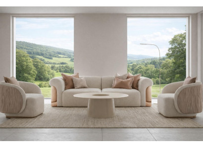 Modernes 3 Sitzer Sofa Set Beige Curved Form mit Zwei Sesseln