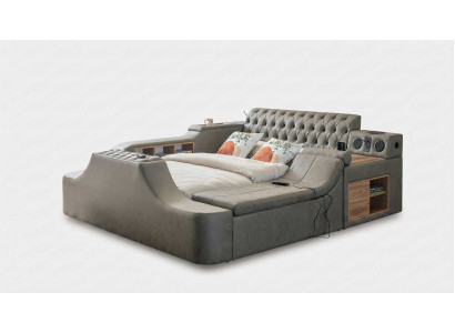 Luxus Chesterfield Multifunktionsbett Grau mit TV-Lift Stauraum und Lautsprecher
