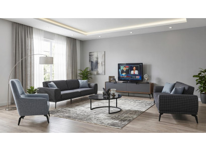 Wohnzimmer Set 2×3‑Sitzer + Sessel + Couchtisch + TV-Möbel, Modern, Grau