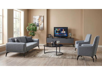 Wohnzimmer Set 3‑Sitzer + 2x Sessel + Couchtisch + TV-Möbel, Modern, Grau