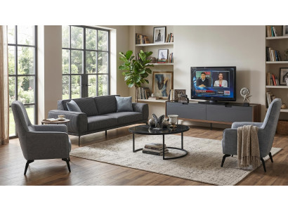 Wohnzimmer Set 3‑Sitzer + 2x Sessel + Couchtisch + TV-Möbel, Modern, Grau